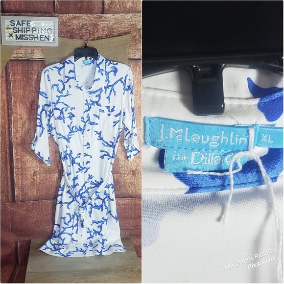 BFS⚫️ LIKE NEW J. McLAUGHLIN BLUE CORAL REEF PRINT WHITE STRETCHY BUTTON DRESS